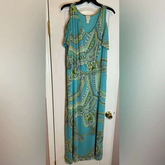 👗Chico’s Sienna Paisley Maxi Dress. Cold shoulder style. Aqua & Green Paisley👗 - Picture 2 of 12